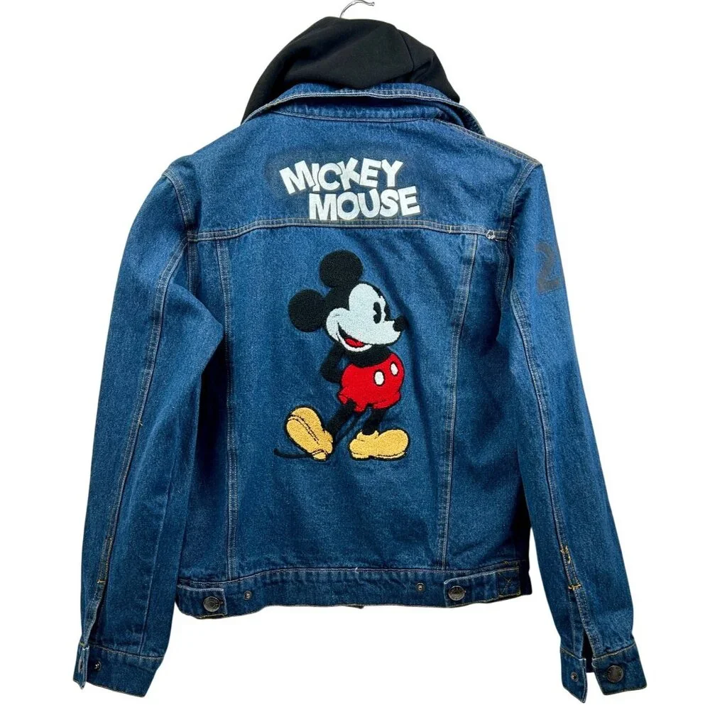 Disney‎ Mickey Mouse Jean Jacket Womens XS Blue Denim Hooded Embroidered Patch